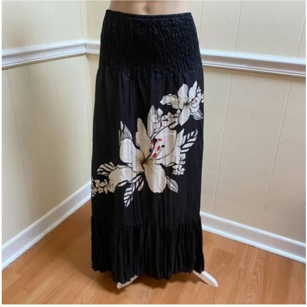 White House Black Market Black Maxi Skirt with White Floral Design